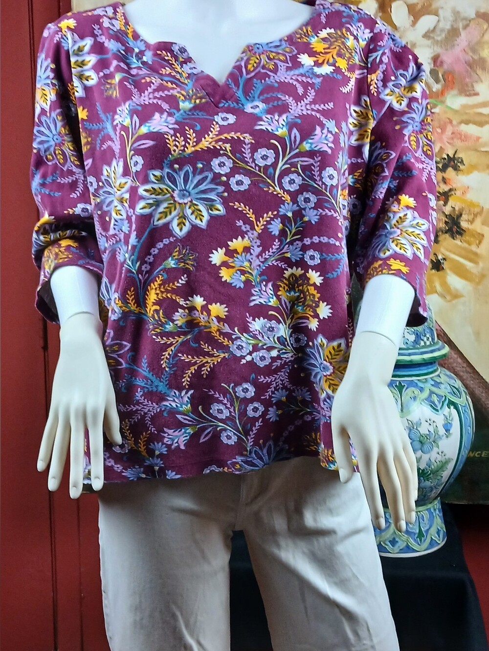 Kim Rogers Plum Floral Split-Neck Tunic with Yellow & Blue Accents